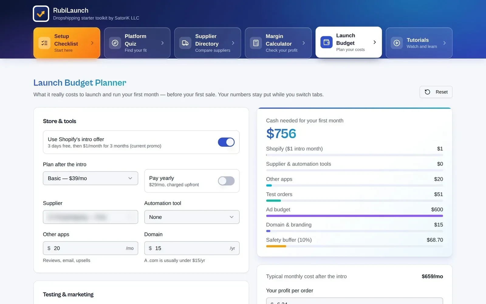 Launch Budget Planner showing $756 cash needed for the first month