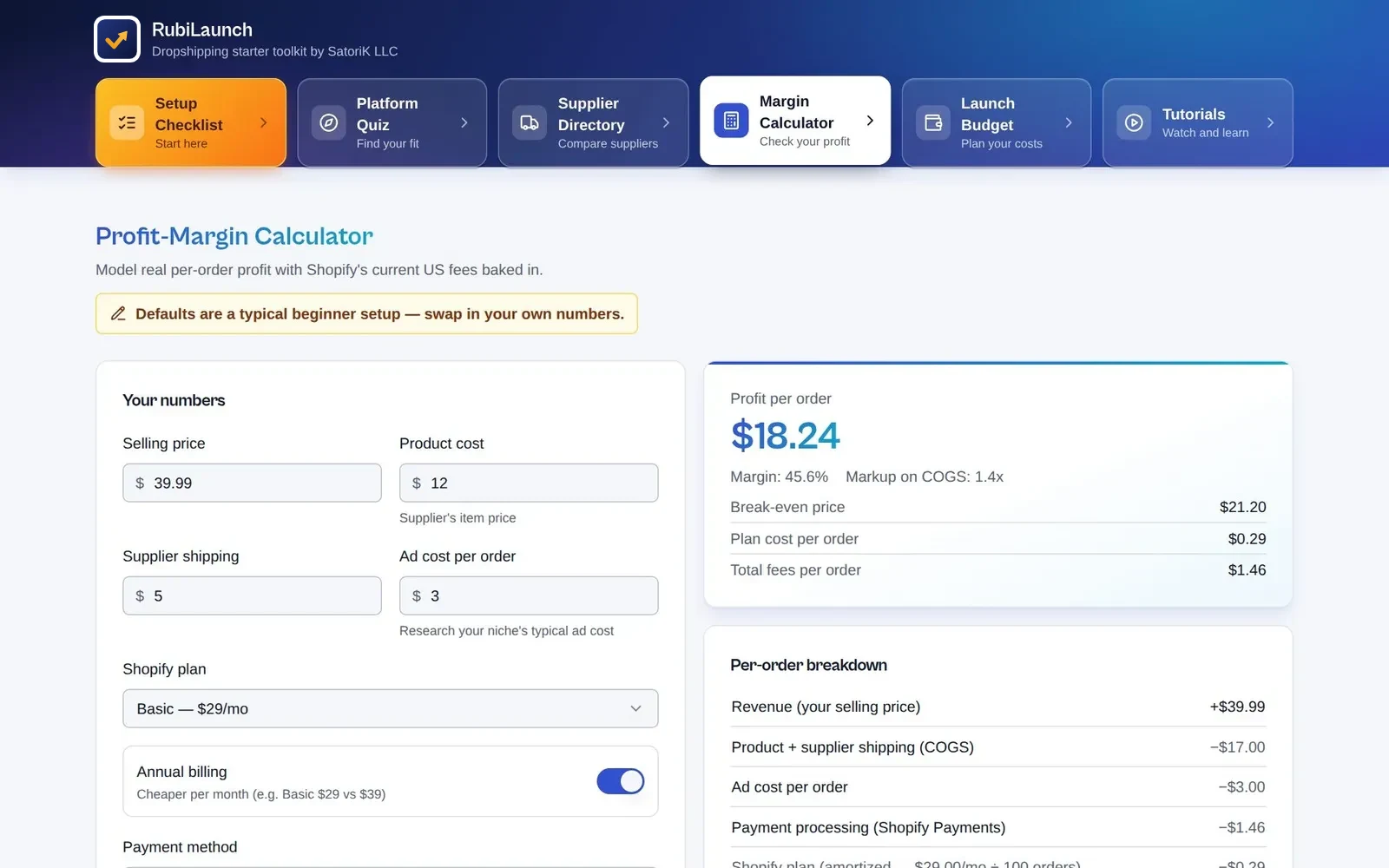 Profit-Margin Calculator showing $18.24 profit per order on a $39.99 product