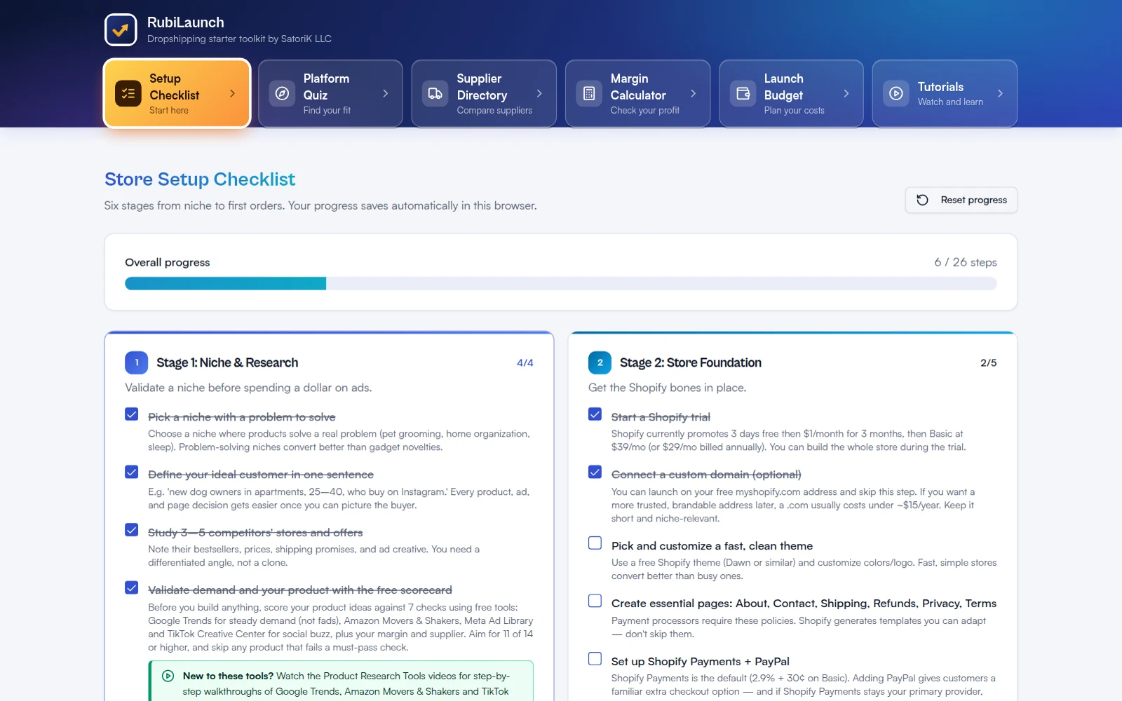 RubiLaunch Setup Checklist showing 6 of 26 steps completed across Stage 1, Niche and Research, and Stage 2, Store Foundation