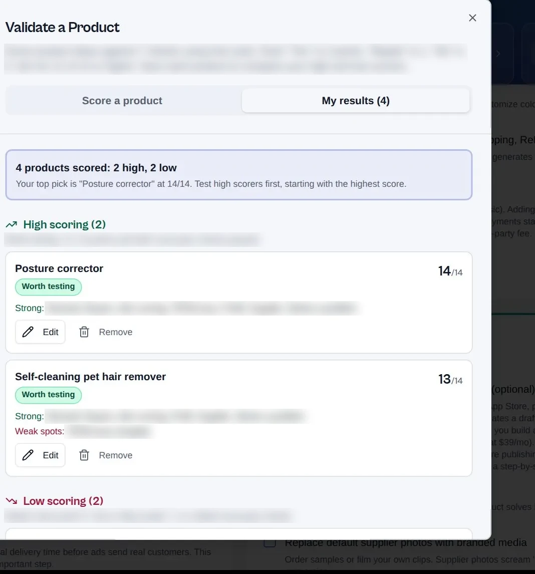Product scorecard results grouped into high scoring and low scoring products